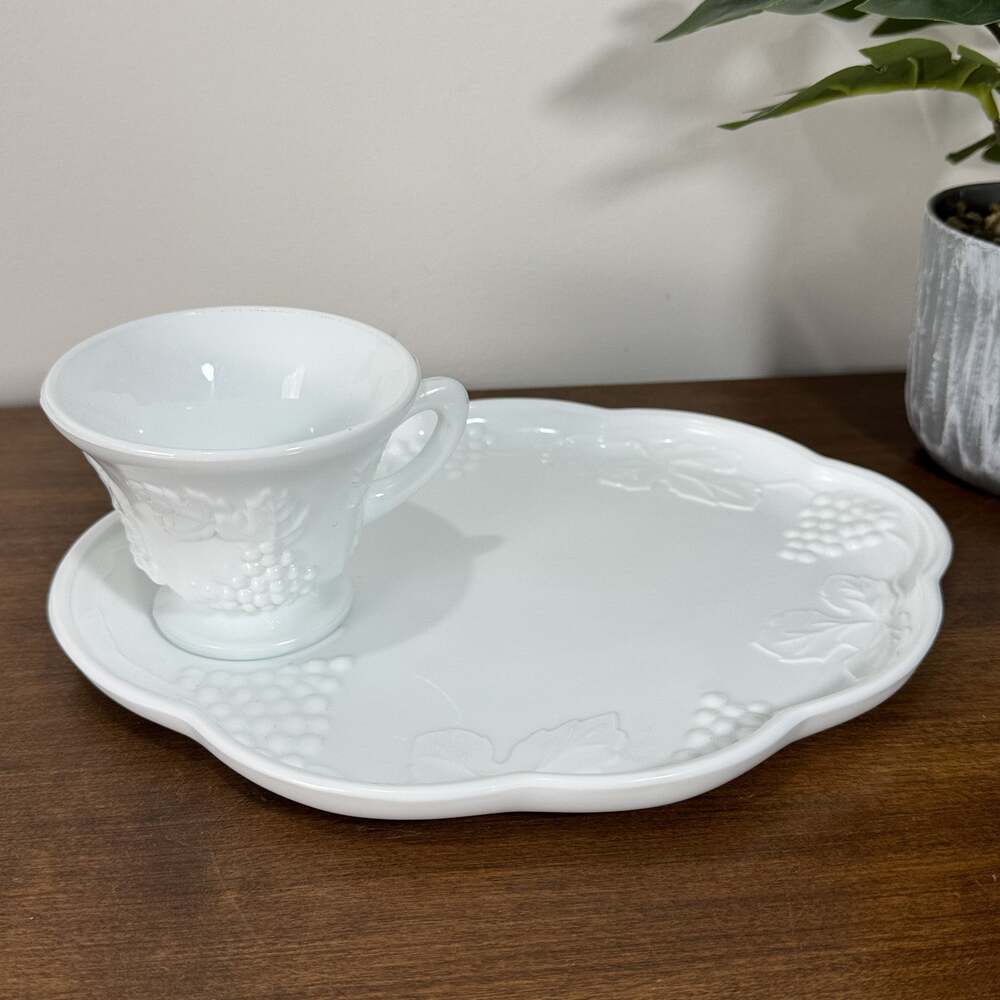 Vintage Milk Glass Snack Plate & Cup Set Grape Vine Pattern White Indiana